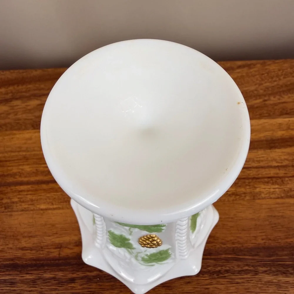 Westmoreland Milk Glass Paneled Grape Vase Hand Painted Green Gold Footed 6.25
